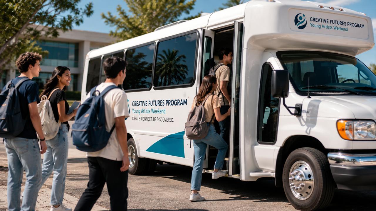 Kids boarding the Creative Futures Program bus